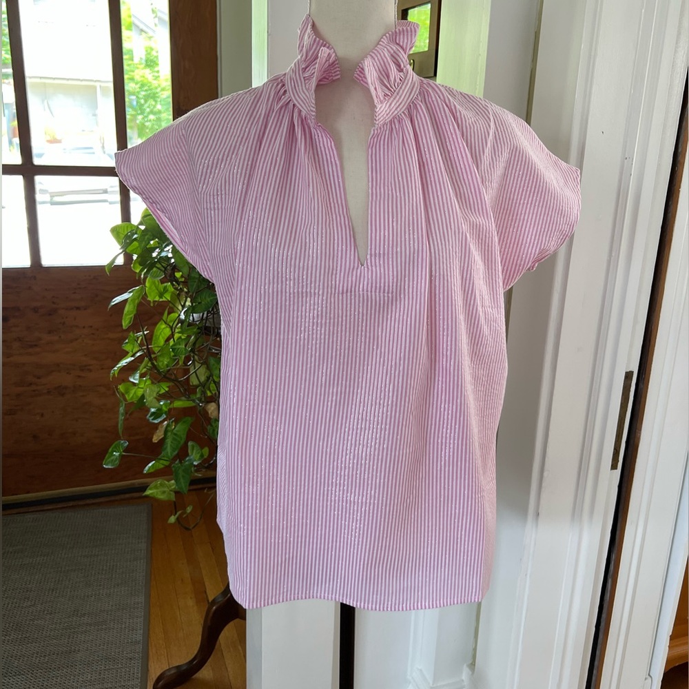 NWT NEVER A WALLFLOWER Vicki Top, Pink Seersucker, Cotton